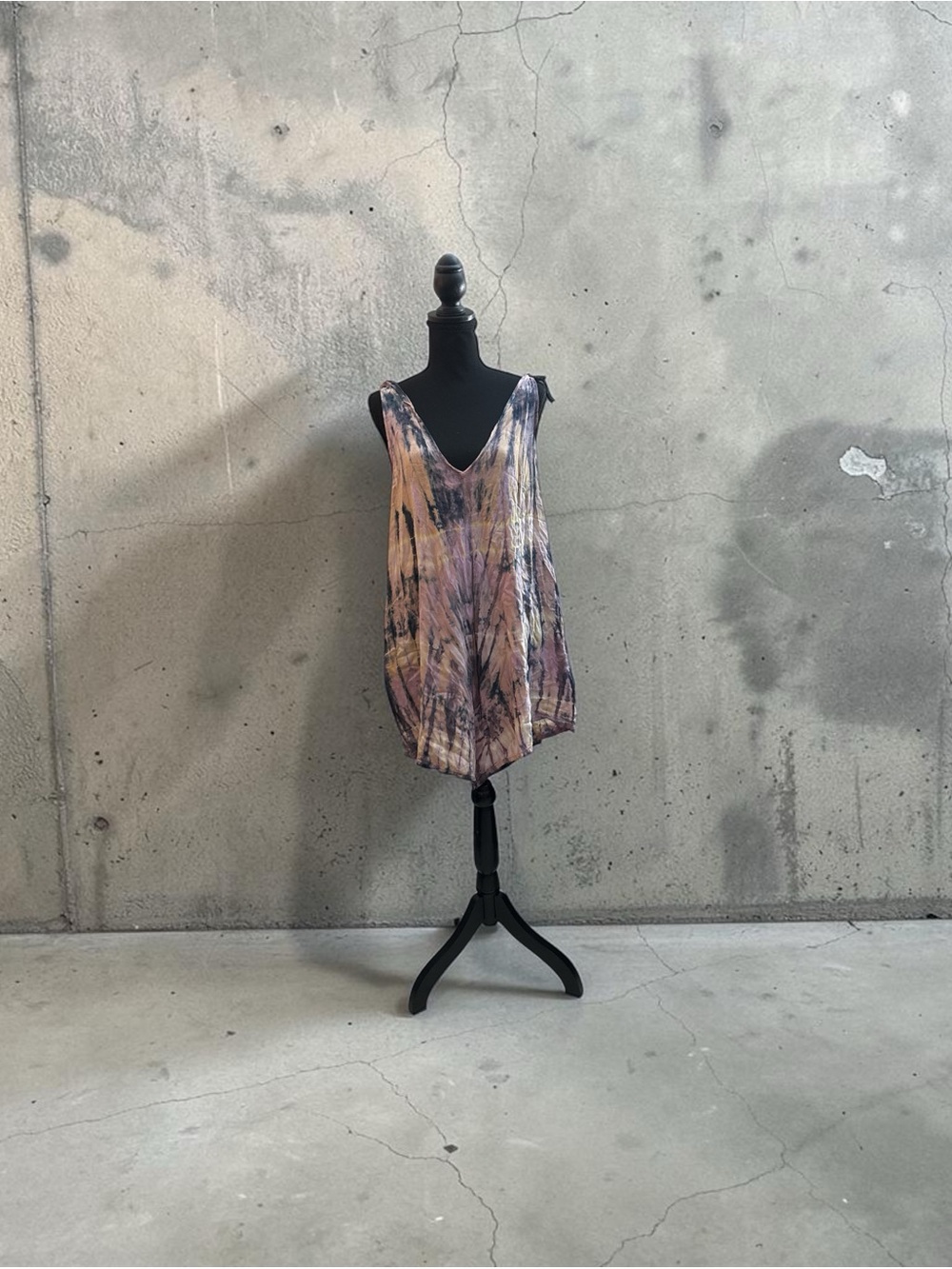 Sleeveless Rayon V-Neck Tie-Dye romper in Lavender and Brown